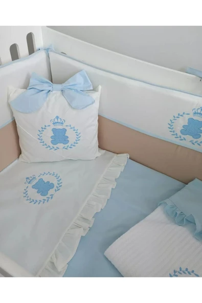 Ege Home Deluxe 4 parça ayıcık nakışlı fırfırlı bebek nevresim takımı mavi - 2