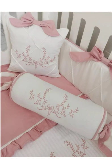 Ege Home deluxe %100 pamuklu nakışlı 3 parça pike , şeker yastık, fiyonklu yastık seti - Resim 2