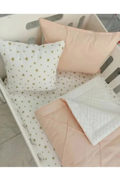 Ege Home 4 parça yorganlı bebek uyku seti somon gold yıldız