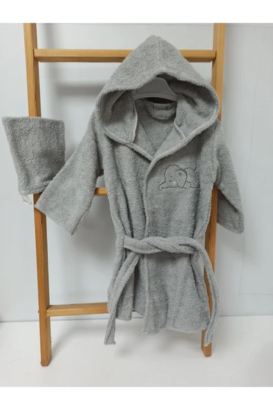 Ege Home fil nakışlı bebek bornoz - kese seti gri