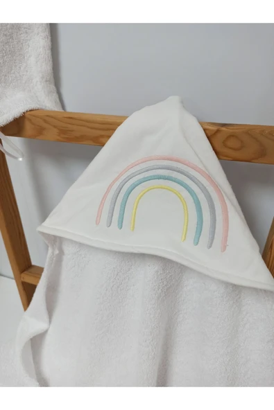Ege Home gökkuşağı nakışlı bebek havlu kese seti beyaz - 2