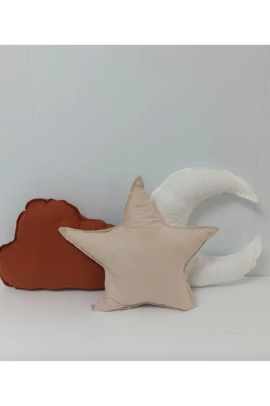 Ege Home 3lü bej tarçın beyaz ay yıldız bulut dekoratif yastik