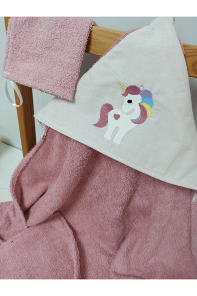 unicorn nakışlı bebek banyo havlu kese seti pembe - Resim 2
