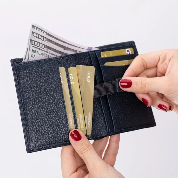 Purahide Deri Cüzdan, 7 Adet Kart Bölmesi, Dokulu Lacivert - Resim 5