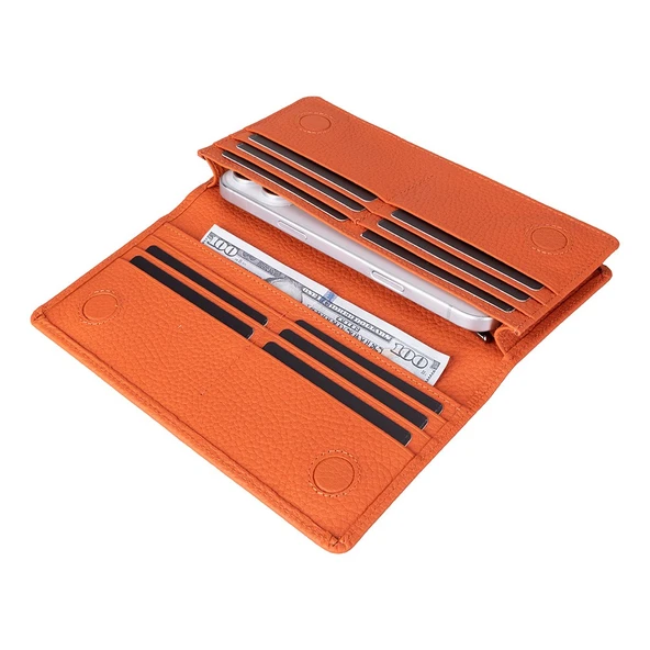 Aura Hakiki Deri, El Yapımı, Telefon Bölmeli, Kadın Cüzdanı, Portakal Renk - Resim 4