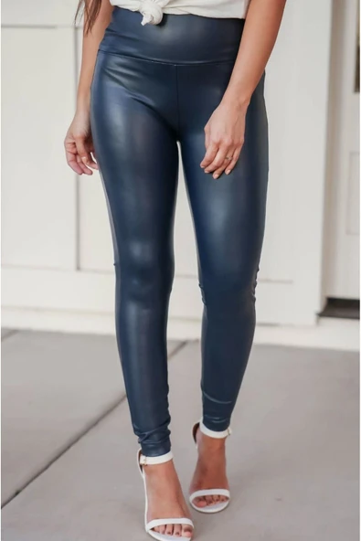 Deri tayt yüksel bel lacivert renk - 3