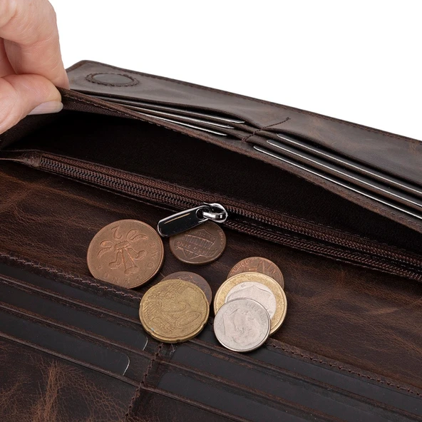 Aura Hakiki Deri, El Yapımı, Telefon Bölmeli, Kadın Cüzdanı, Koyu Kahve - Resim 4