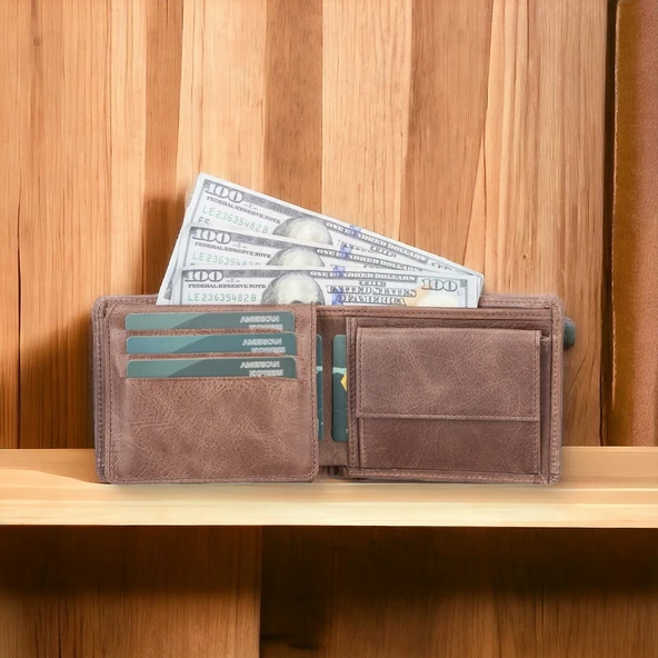 Deri Cüzdan, 6 Kart ve Bozuk Para Bölmeli, Karamel Kahve Deri - Resim 2