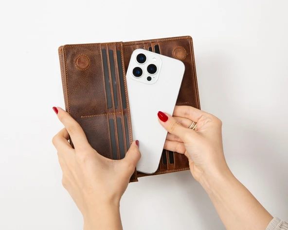 Aura Hakiki Deri, El Yapımı, Telefon Bölmeli, Kadın Cüzdanı, Antik Kahve - Resim 2