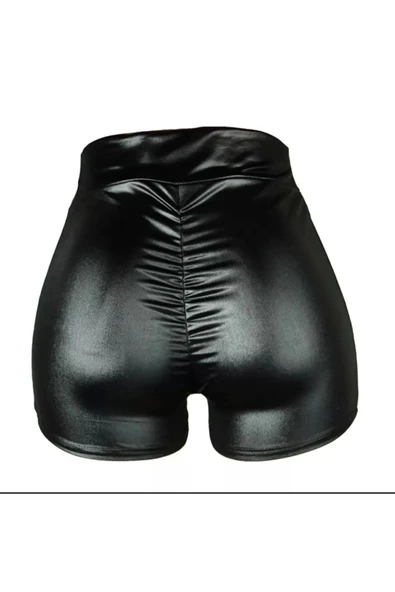 Deri Kısa Şort Arkası Büzgülü Siyah Renk - 3