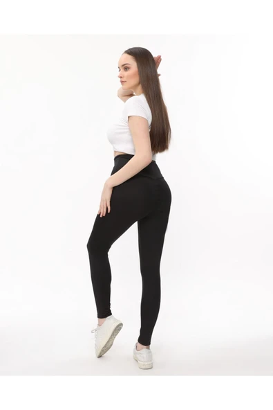 Arkası Hafif Büzgülü Tayt Yüksek Bel Siyah Renk