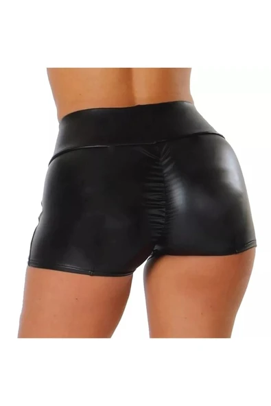 Deri Kısa Şort Arkası Büzgülü Siyah Renk - 2