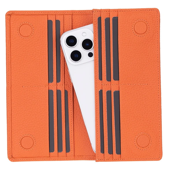 Aura Hakiki Deri, El Yapımı, Telefon Bölmeli, Kadın Cüzdanı, Portakal Renk ürün görseli