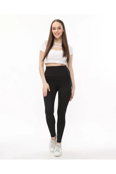 Arkası Hafif Büzgülü Tayt Yüksek Bel Siyah Renk - 5