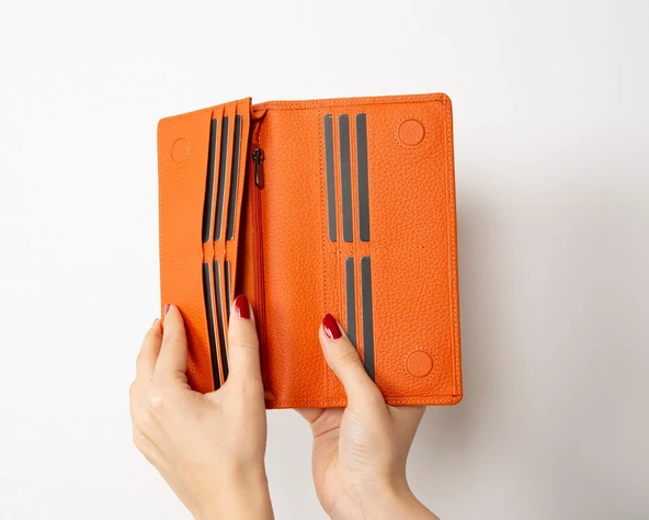 Aura Hakiki Deri, El Yapımı, Telefon Bölmeli, Kadın Cüzdanı, Portakal Renk - Resim 3