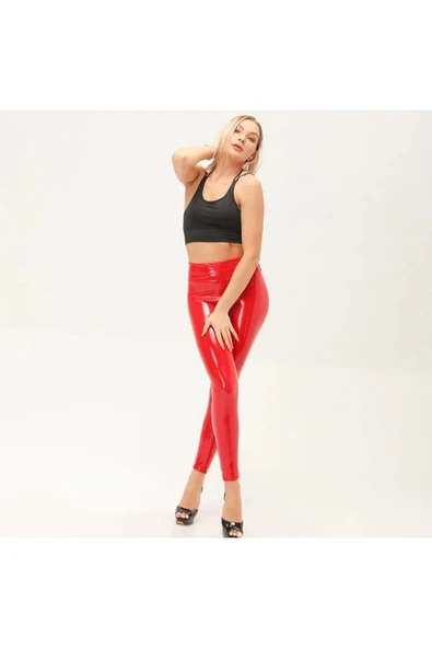 Rugan Kırmızı Tayt Yüksek Bel Parlak - 2