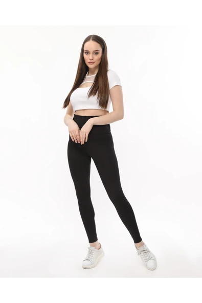 Arkası Hafif Büzgülü Tayt Yüksek Bel Siyah Renk - 3