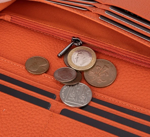 Aura Hakiki Deri, El Yapımı, Telefon Bölmeli, Kadın Cüzdanı, Portakal Renk - Resim 5