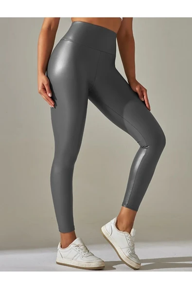 PU Deri Tayt Yüksek Bel koyu gri - 4