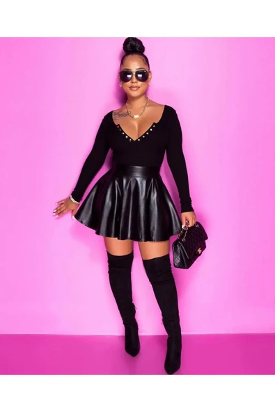 Kloş suni deri etek orta boy