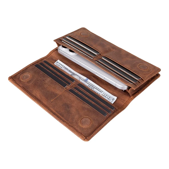 Aura Hakiki Deri, El Yapımı, Telefon Bölmeli, Kadın Cüzdanı, Açık Kahve - Resim 5