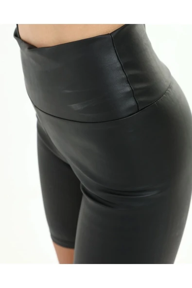 Deri şort siyah renk yüksel bel - 6