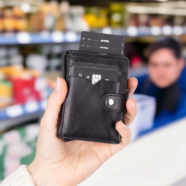 Rodos Hakiki Deri, El Yapımı, Pop-Up Kartlık Cüzdan, Parlak Siyah - Resim 5