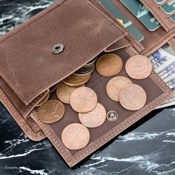 Deri Cüzdan, 6 Kart ve Bozuk Para Bölmeli, Karamel Kahve Deri - Resim 4