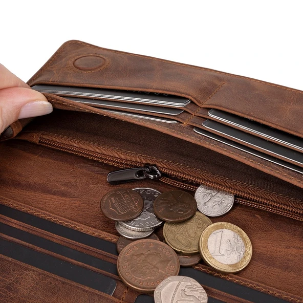 Aura Hakiki Deri, El Yapımı, Telefon Bölmeli, Kadın Cüzdanı, Antik Kahve - Resim 4