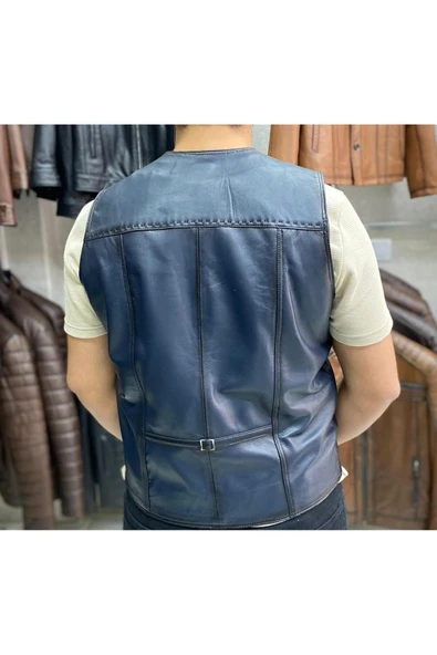 Hakiki Deri Lacivert Renk Yelek Slim Fit Kesim - 3