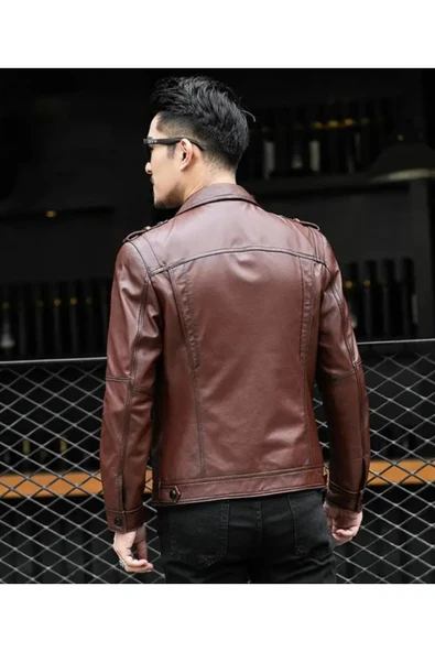 Hakiki deri ceket tarzı mont apoletli - Resim 2