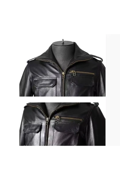 Yakası fermuarlı dik hakim yaka hakiki deri mont - 5