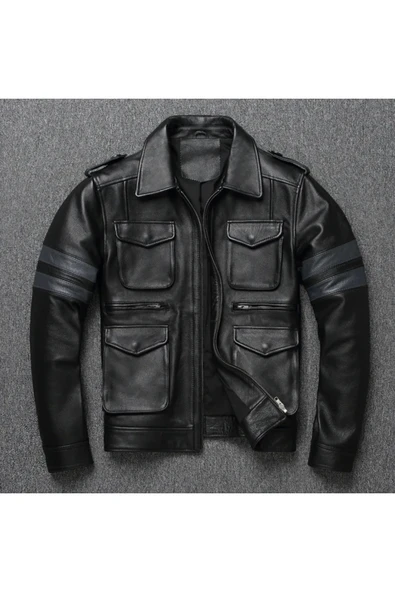 Hakiki kuzu derisi mont kolları yatay gri çizgili siyah mont ürün görseli