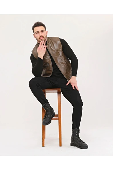 Hakiki Deri Bisiklet Yaka Içi Kürklü Yelek Kahve Renk - Resim 3