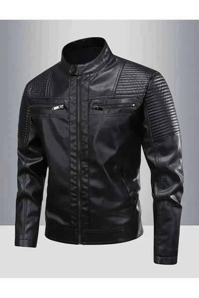Omuzları ve Kolları Dikiş Detaylı Hakiki Kuzu Derisi Motorcu Mont - 4