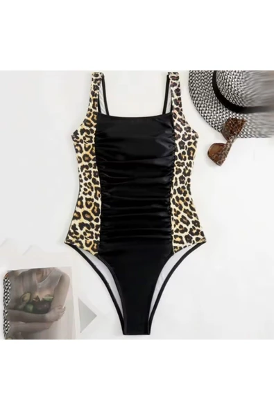 Kare yaka yanları leopar desenli siyah Kadın Mayo - 2