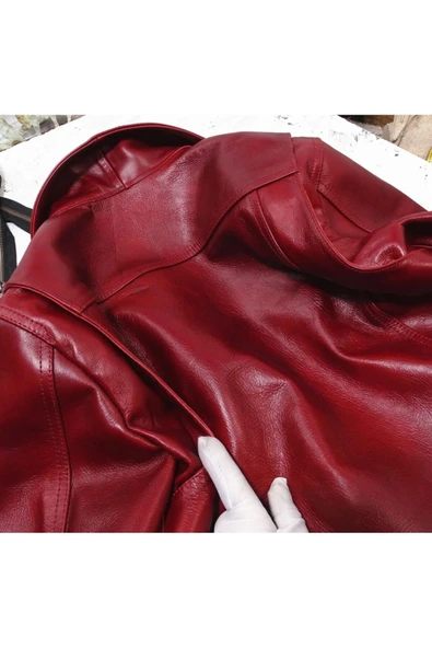 Vintage ceket tarzı şarap kırmızı renk hakiki deri mont - Resim 6