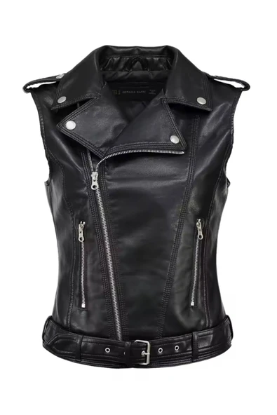 Hakiki kuzu derisi Kadın Motorcu Tarzı Biker Yelek - Resim 5