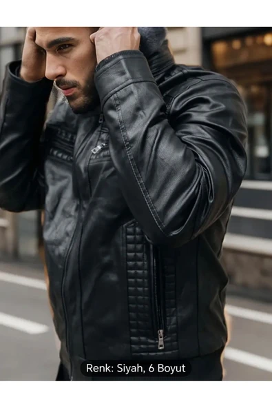 Kapüşonlu hakiki deri dikiş ve ribana detaylı mont - 5