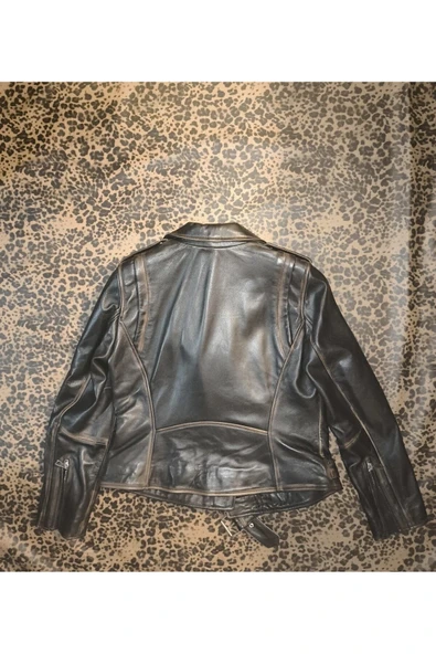 Hakiki deri Kadın ceket slim-fit biker model motorcu tarzı eskitme - 2