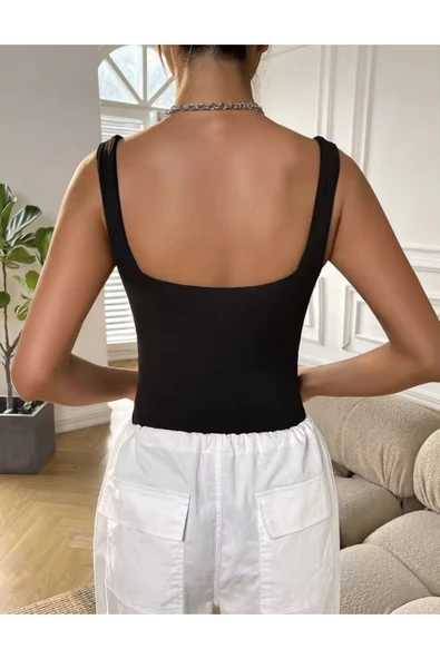 Kare yaka toparlayıcı siyah kadın mayo - 2