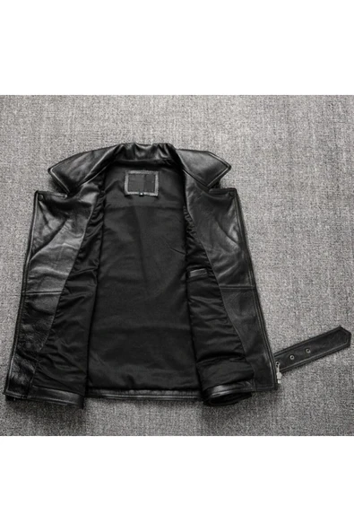 Kuzu derisi motorcu tarzı biker yelek siyah renk - Resim 2