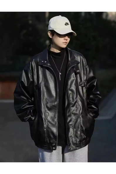 Ultra ovarsize hakiki deri unisex hip hop ceket tarzı mont - Resim 2