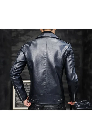 Motorcu tarzı kuzu derisi biker mont lacivert renk - Resim 2