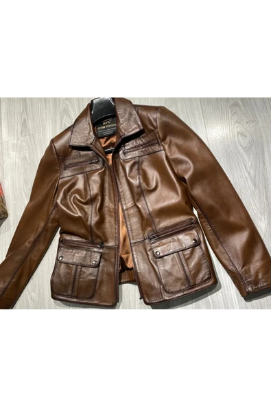 Hakiki deri  ceket tarzı mont kahve renk - 4