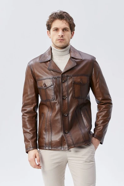 Hakiki Deri Ceket Karartmalı Taba Renk