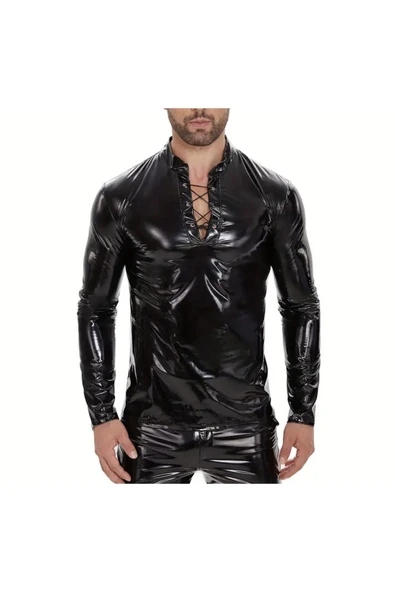 Parlak Rugan Deri Yakası İp Bağlamalı Tişört - 7