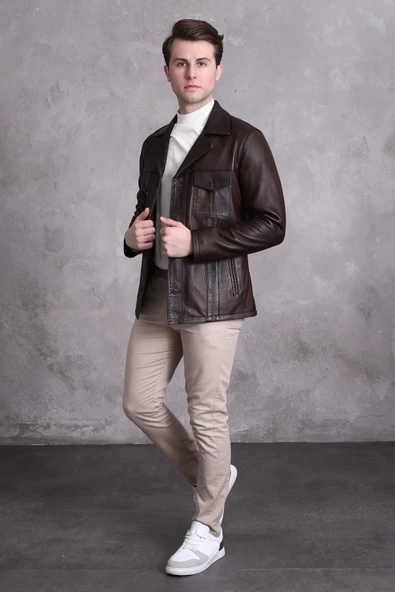Hakiki Deri Ceket Karartmalı Koyu Kahve - 3