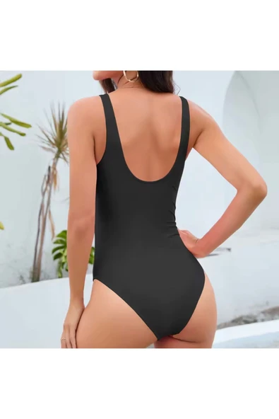 Siyah U Yaka Tek Parça Mayo,Yarım Açık Sırt - 2