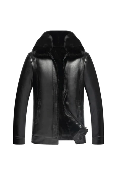 Hakiki deri Yakası Tüylü çıkarabilir içi Tüylü Mont - 3